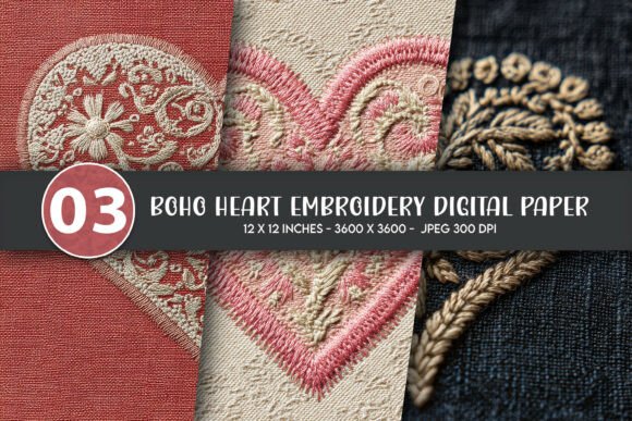Download Boho Heart Embroidery Digital Paper - Boho heart Collection